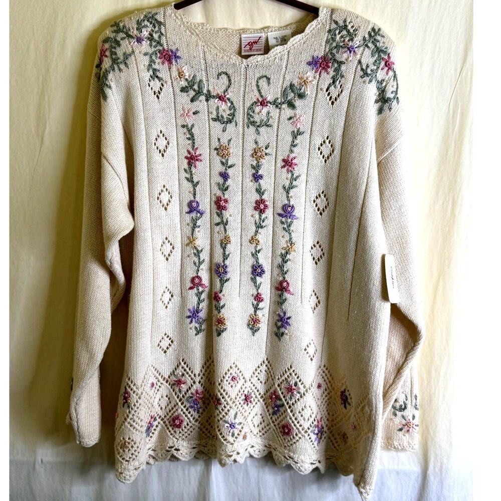 Vintage NWT Graff Cream Pullover Sweater Embroidered & Beaded Floral Size XL